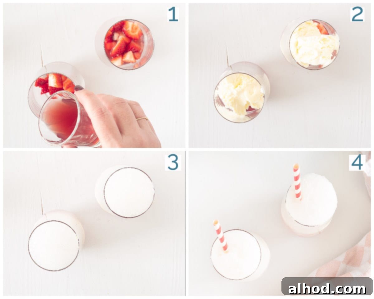 Strawberry Soda Float 4 4 steps to make strawberry ice cream soda yourself, showing the process from preparing fruit to pouring soda and garnishing.