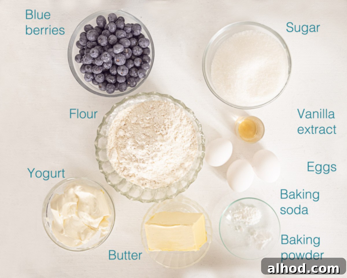 Tangy Blueberry Yogurt Cake 3 A flat lay photo showing all the ingredients needed to make a delicious blueberry yogurt loaf, including fresh blueberries, butter, sugar, eggs, flour, and a bowl of Greek yogurt.
