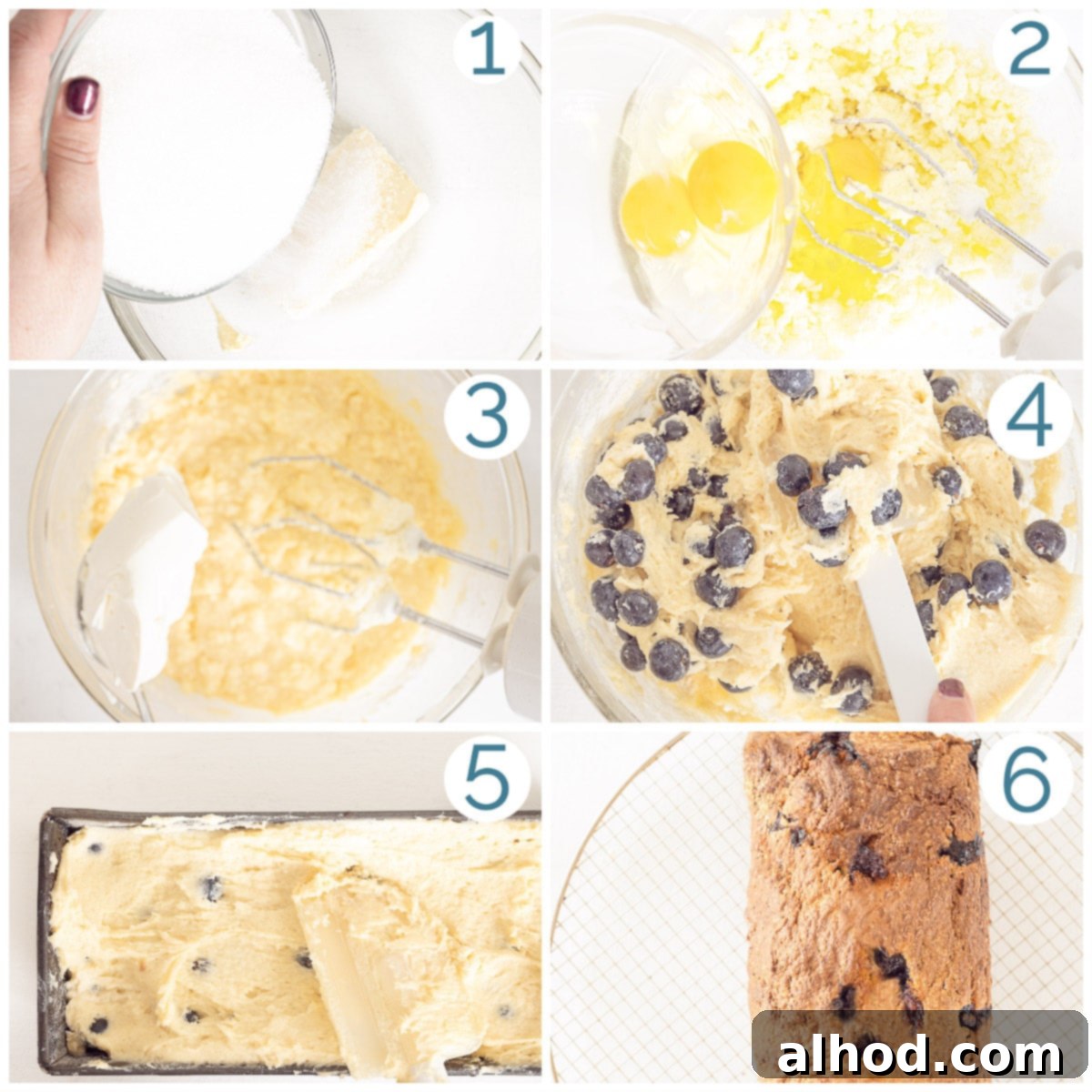 Tangy Blueberry Yogurt Cake 4 A visual guide depicting the preparation of blueberry yogurt cake in 6 clear, easy-to-follow steps through a series of photographs.