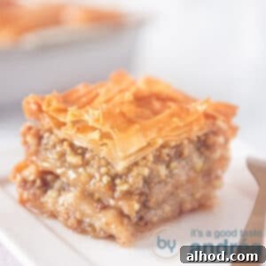 Greek Buffet Bliss: 9 Recipes, Timed for Success 10 A square photo of a piece of baklava on a white plate. In the background a baking pan with the rest of the baklava