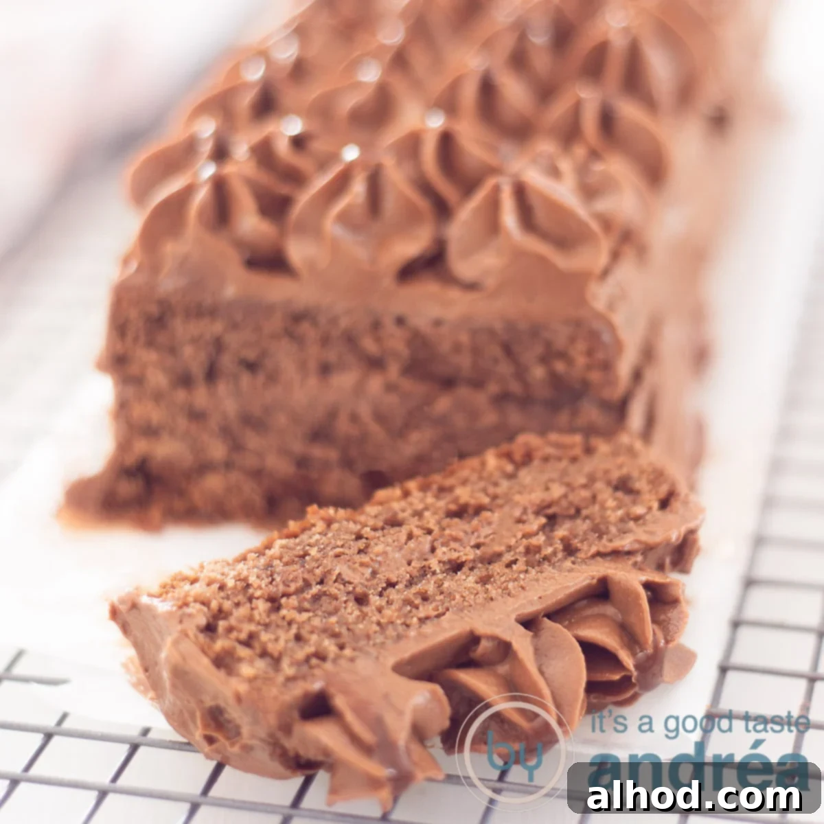 Decadent Chocolate Loaf 7 A square photo with a chocolate truffle cake on a rack on a baking paper. Cut off a piece