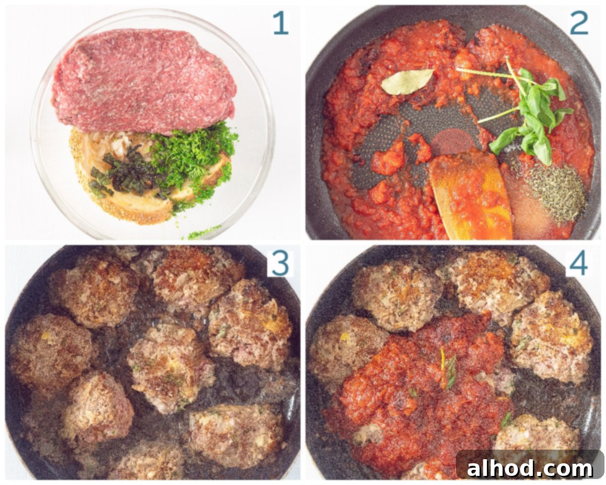 Sage Meatball Skillet Parm 4 4 collage photo preparation Skillet Meatball Parmesan with Sage Recipe