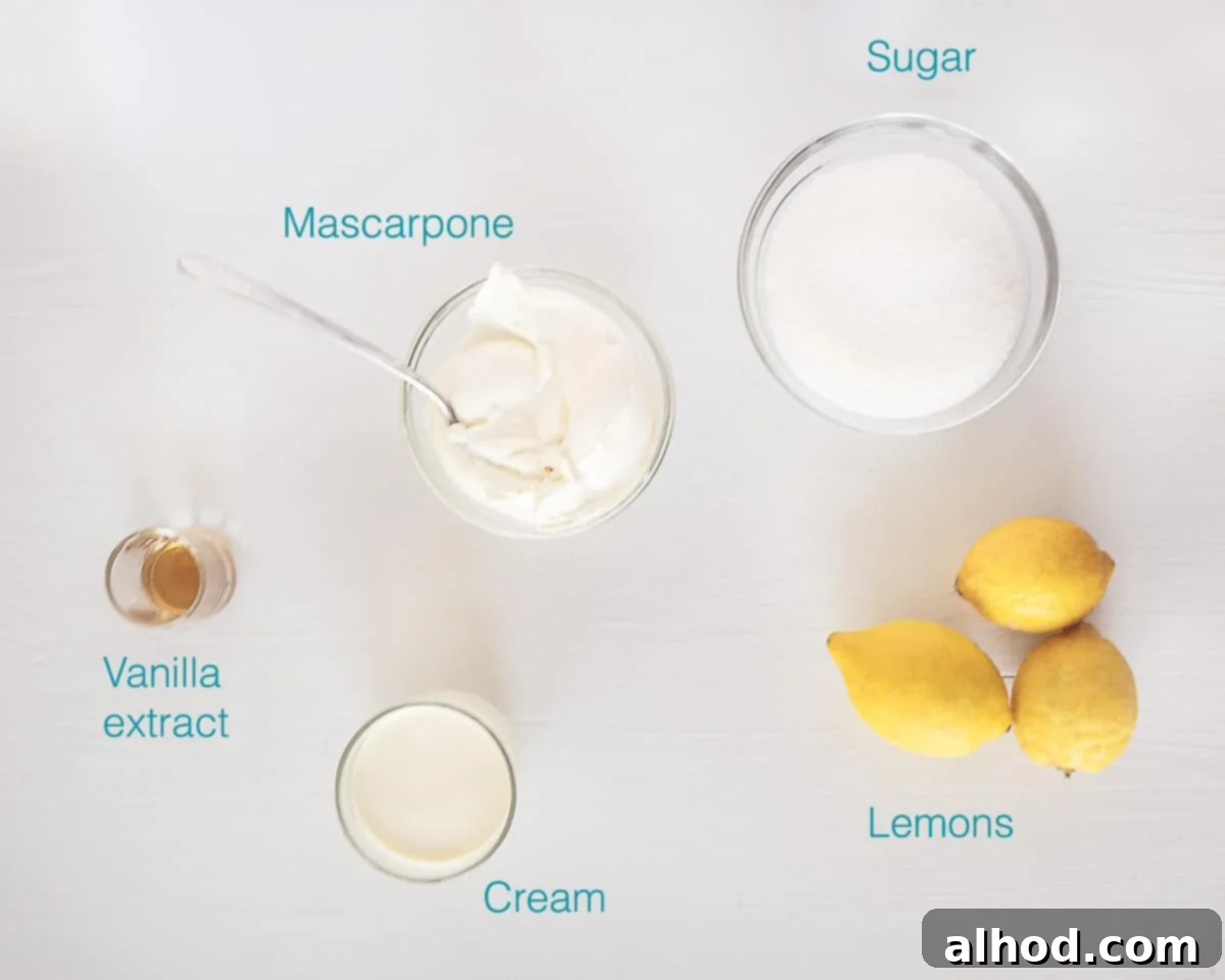 Ingredients for No-Churn Lemon Ice Cream, individually labelled on a clean white background, showing cream, mascarpone, sugar, vanilla, and fresh lemons.