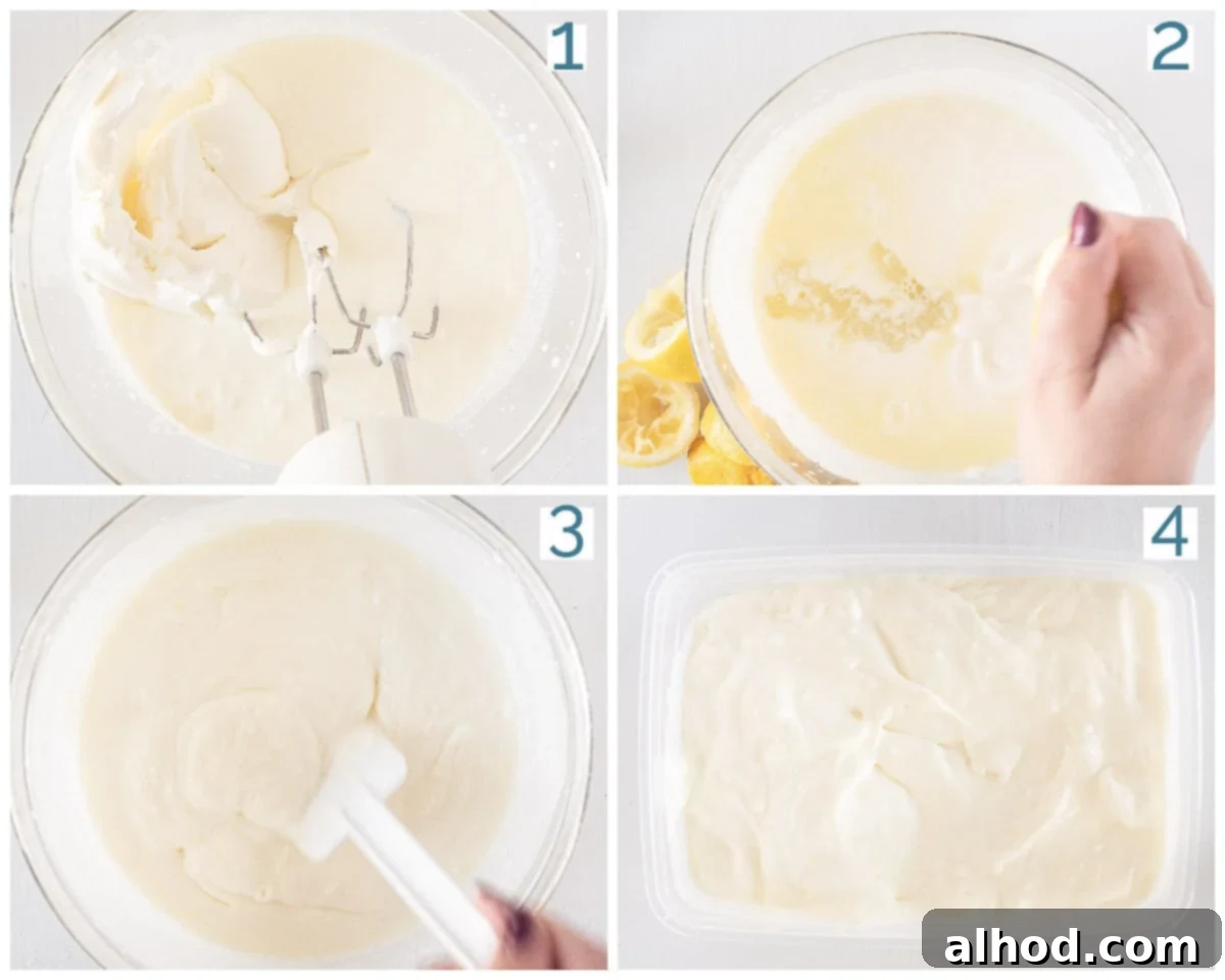 A collage of 4 photos showing the step-by-step preparation of Lemon Ice Cream without a machine, from mixing ingredients to pouring into a freezer box.
