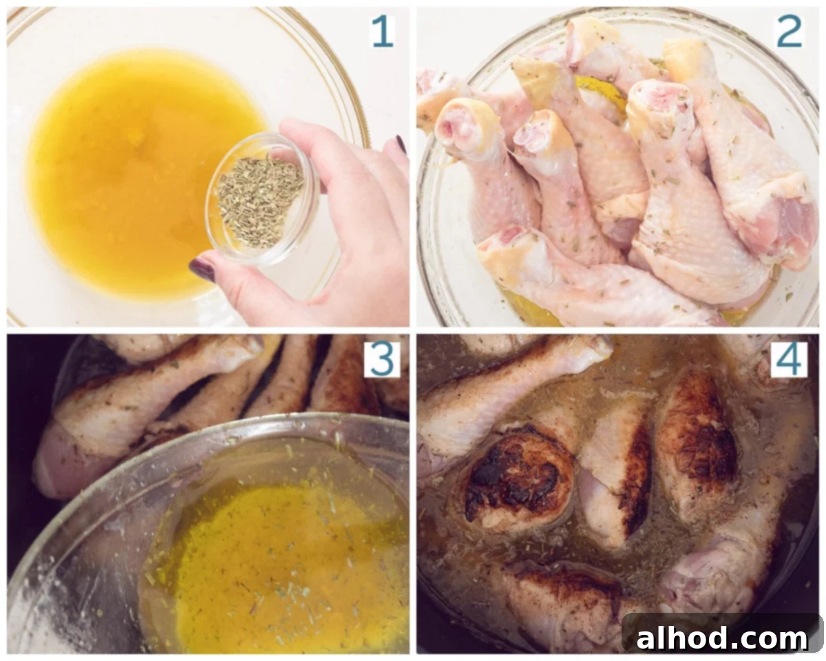 A four-photo collage showing the preparation stages of Dutch Oven Chicken Drumsticks, from marinating to browning.