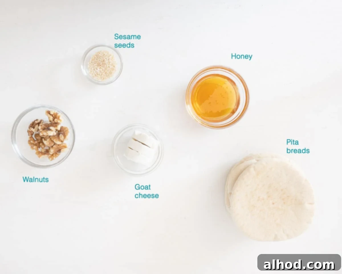 The Mediterranean Melt 3 Ingredients Pita Grilled Cheese, individually labelled on a white background