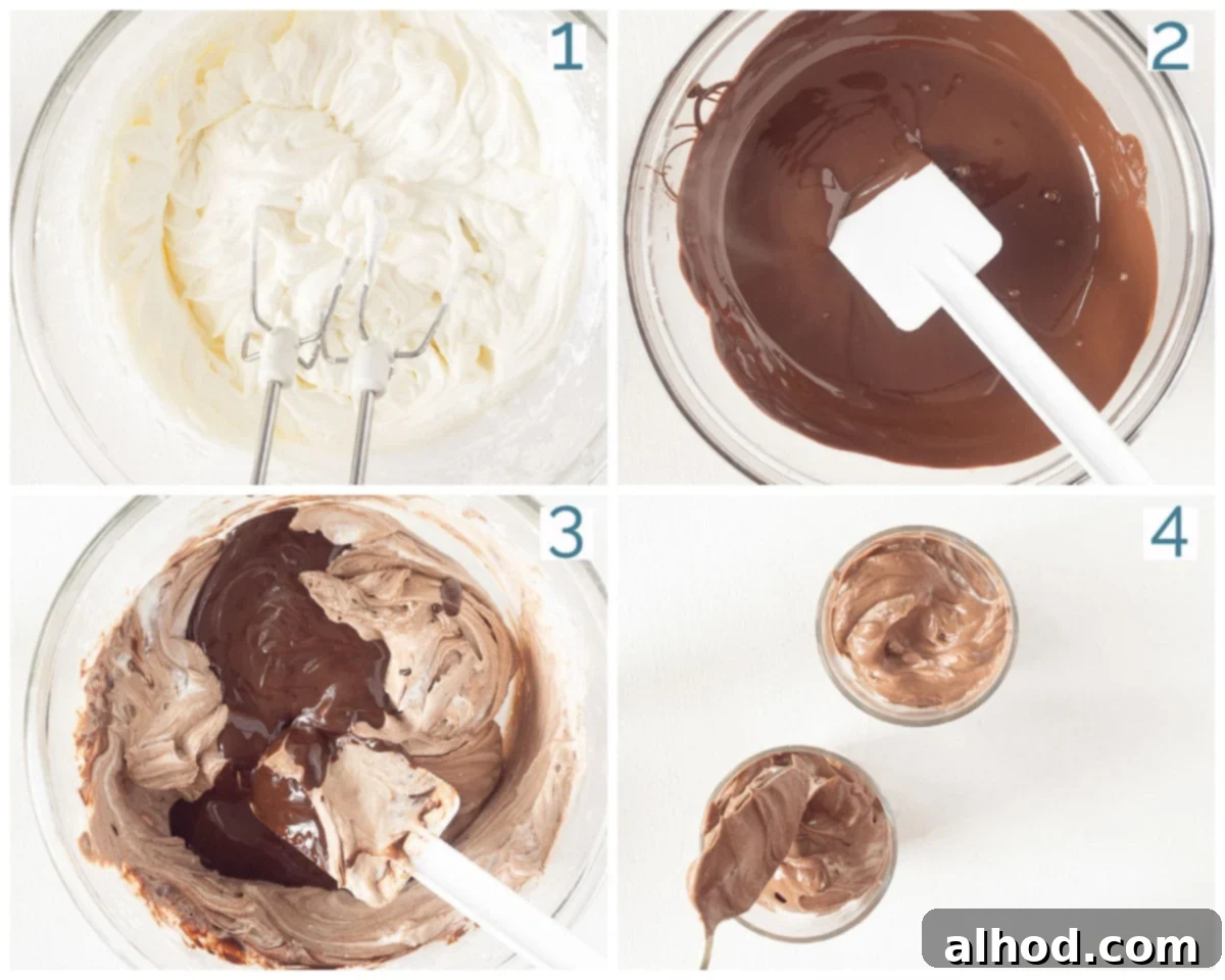Velvety Egg-Free Dark Chocolate Mascarpone Mousse 4 A visual guide depicting the four key preparation steps for making chocolate mascarpone mousse, showing bowls with ingredients and a hand mixing.