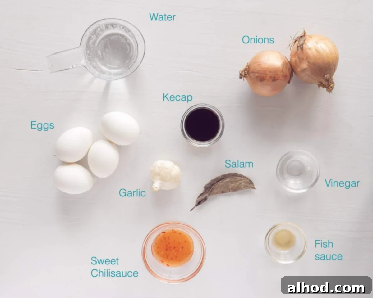 Spicy Sambal Eggs 3 Ingredients Telur Musak Bali Eggs in Balinese Sauce individually labeled on a white background