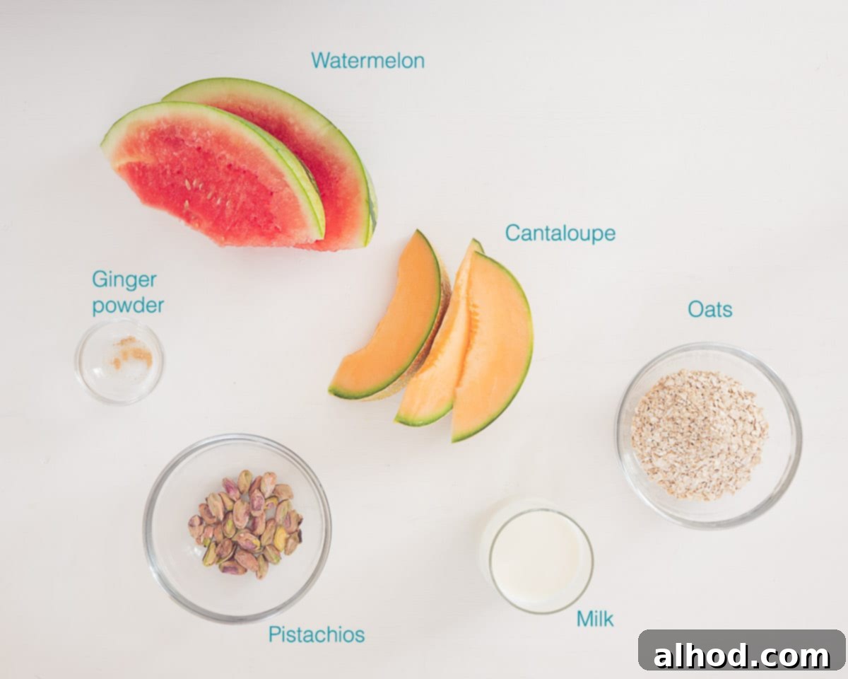 Melon Medley Overnight Oats 3 Ingredients Watermelon and Cantaloupe Overnight Oats, individually labelled on a white background
