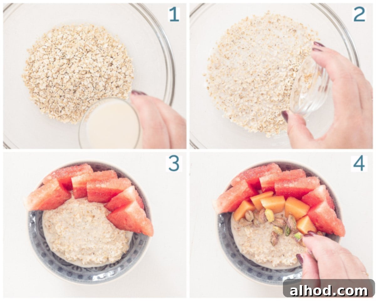 Melon Medley Overnight Oats 4 4 photos preparation collage Overnight Oats with Fresh Fruit