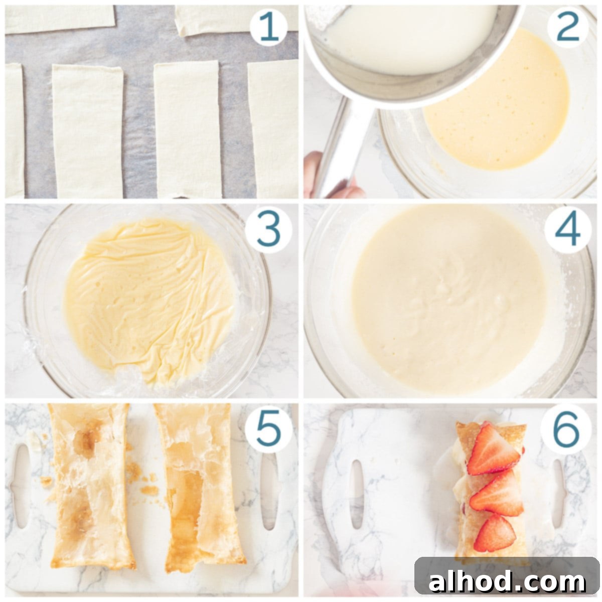 Decadent Strawberry Napoleon 4 A collage of six photos illustrating the preparation steps for Strawberry Tompouce, showing ingredients, cooking, and assembly.