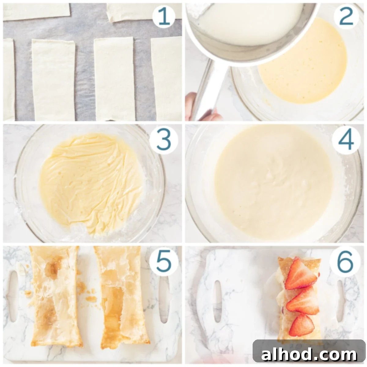 Elegant Strawberry Napoleon Pastry 4 Six step-by-step photos illustrating the preparation of a strawberry tompouce, from baking puff pastry to final assembly.