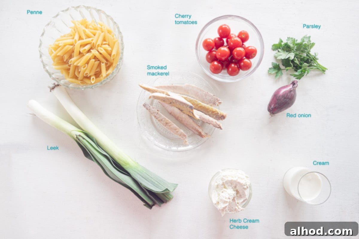 Velvety Smoked Mackerel Pasta 3 Ingredients Creamy Smoked Mackerel Pasta, individually labeled on a white background