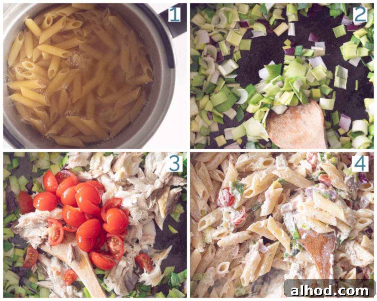 Velvety Smoked Mackerel Pasta 4 4 collage photo preparation creamy smoked mackerel pasta