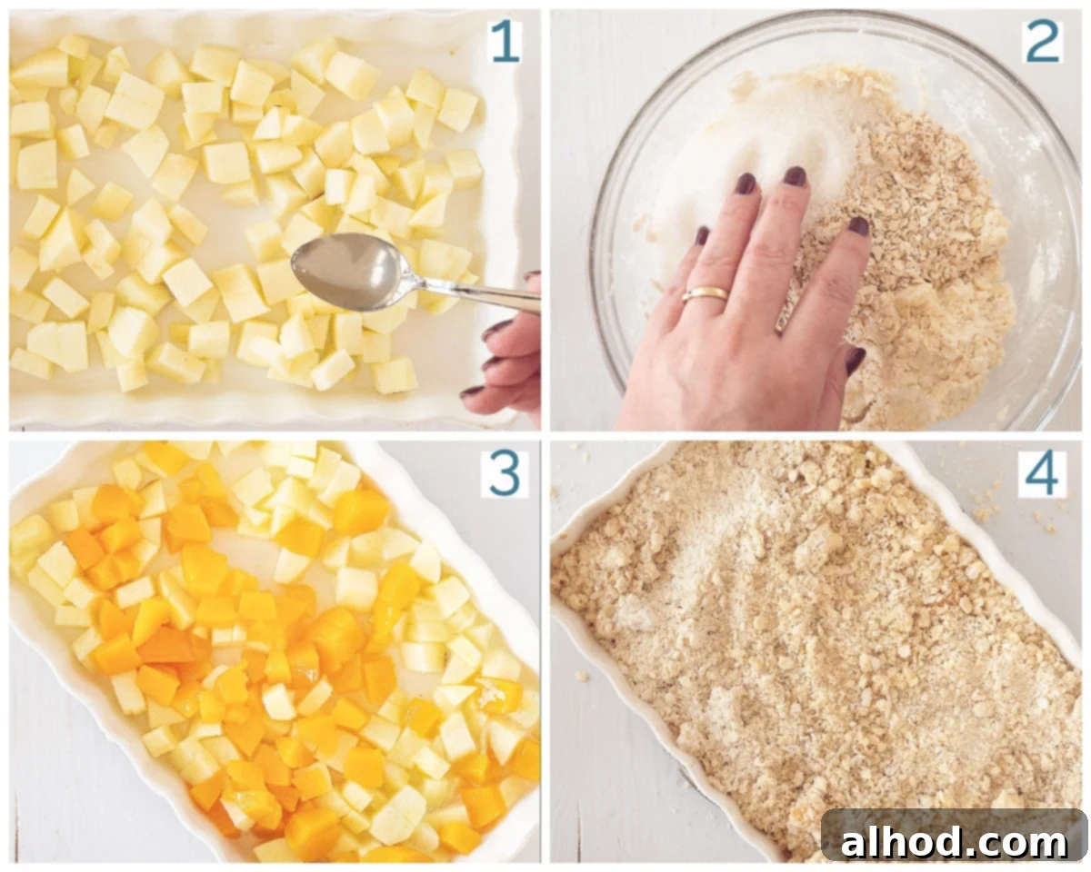 Golden Apple Peach Crumble 4 A visual step-by-step guide illustrating the 4 key preparation steps for making Apple Peach Crumble.