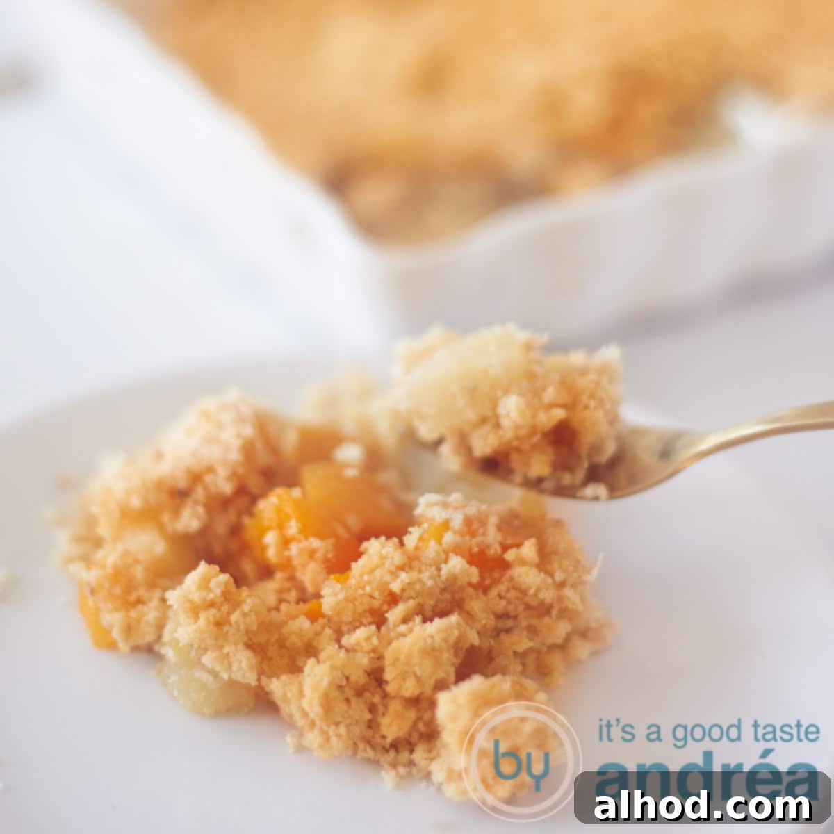 Golden Apple Peach Crumble 6 A square photo of a single serving of Apple Peach Crumble on a white plate, with the larger baking dish in the blurred background.