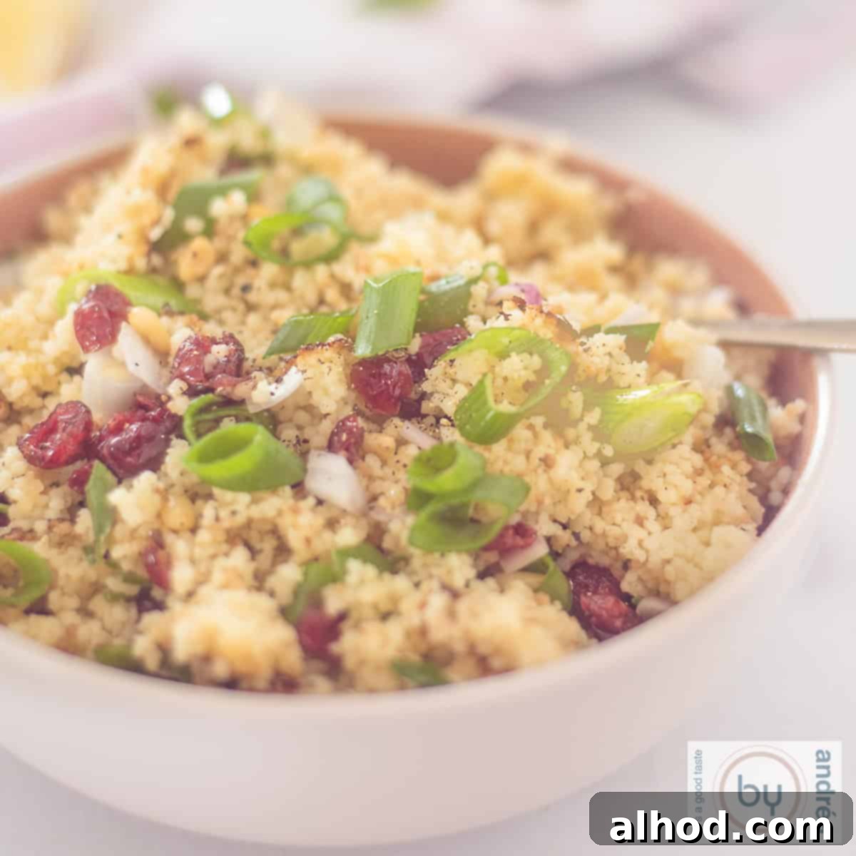 Zesty Cranberry Couscous Salad 4 A square photo of a bowl of couscous with pine nuts, lemon and cranberries