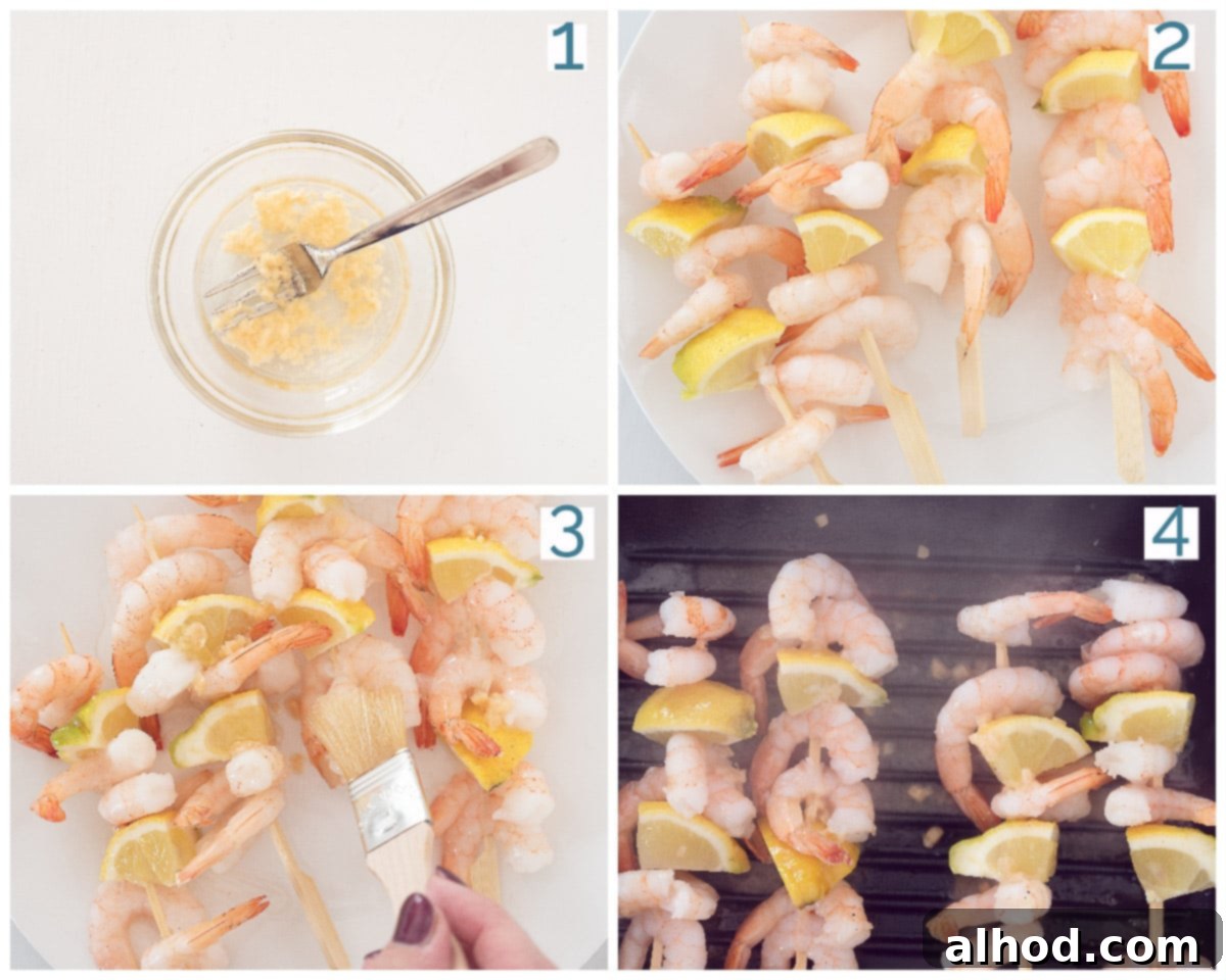 Grilled Lemon-Garlic Shrimp Skewers 4 4 Step Collage Lemon Garlic Shrimp Kabobs