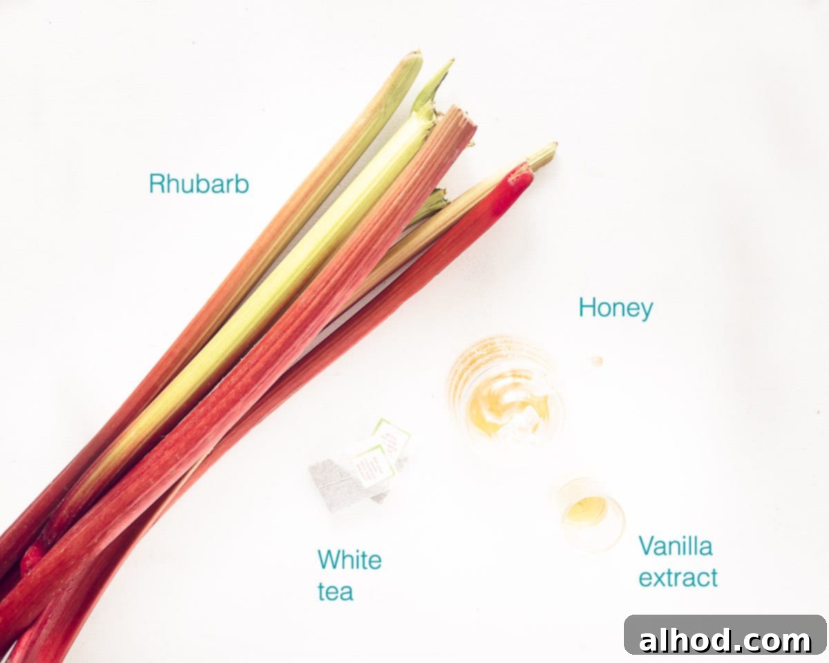 Tangy Rhubarb Refresher 3 A flat lay photo of ingredients for Rhubarb Iced Tea with Honey, including rhubarb stalks, white tea bags, honey, and vanilla extract, arranged on a white background with descriptive text.