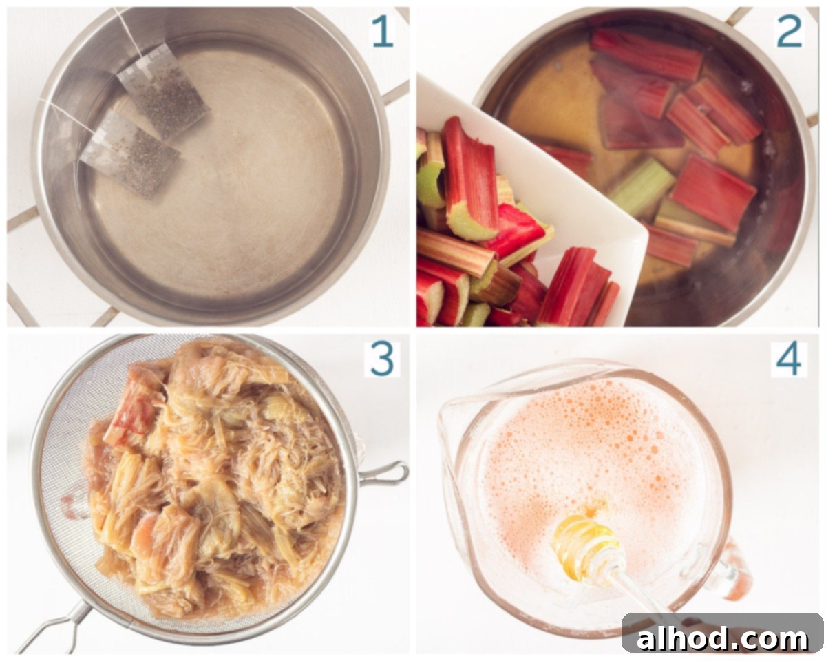Tangy Rhubarb Refresher 4 Preparation steps for Rhubarb Iced Tea displayed in a visual infographic with descriptive text.