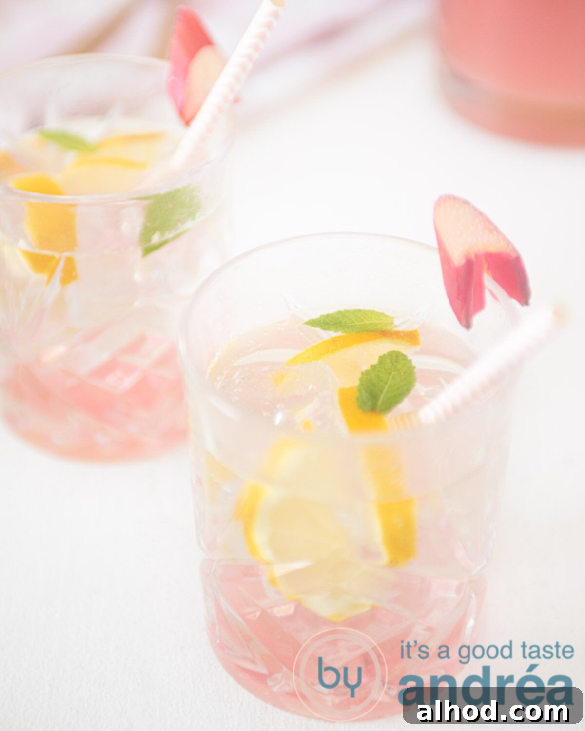 Tangy Rhubarb Refresher 5 A close-up of a glass of Rabarber ijsthee (Rhubarb Iced Tea) garnished with lemon and mint, sparkling and refreshing.
