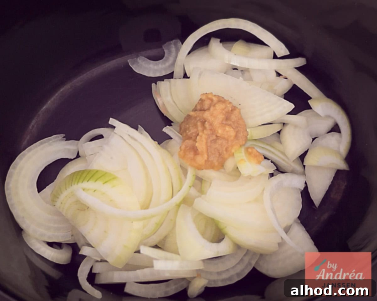 Dutch Stoofvlees Fries 4 Onions and garlic in the slow cooker