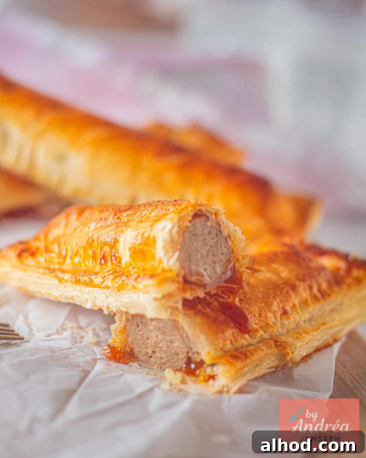A section of freshly baked Frikandelbroodje rolls, one of which has been cut open, revealing the juicy frikandel sausage and rich curry sauce encased in golden puff pastry.