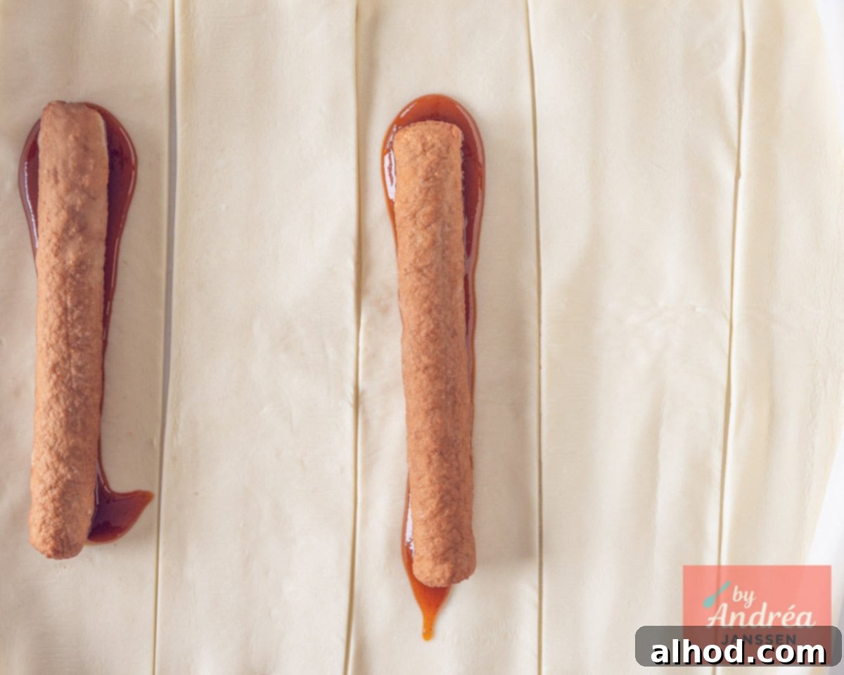 Strips of puff pastry with curry sauce, each topped with a frikandel sausage, ready for folding.