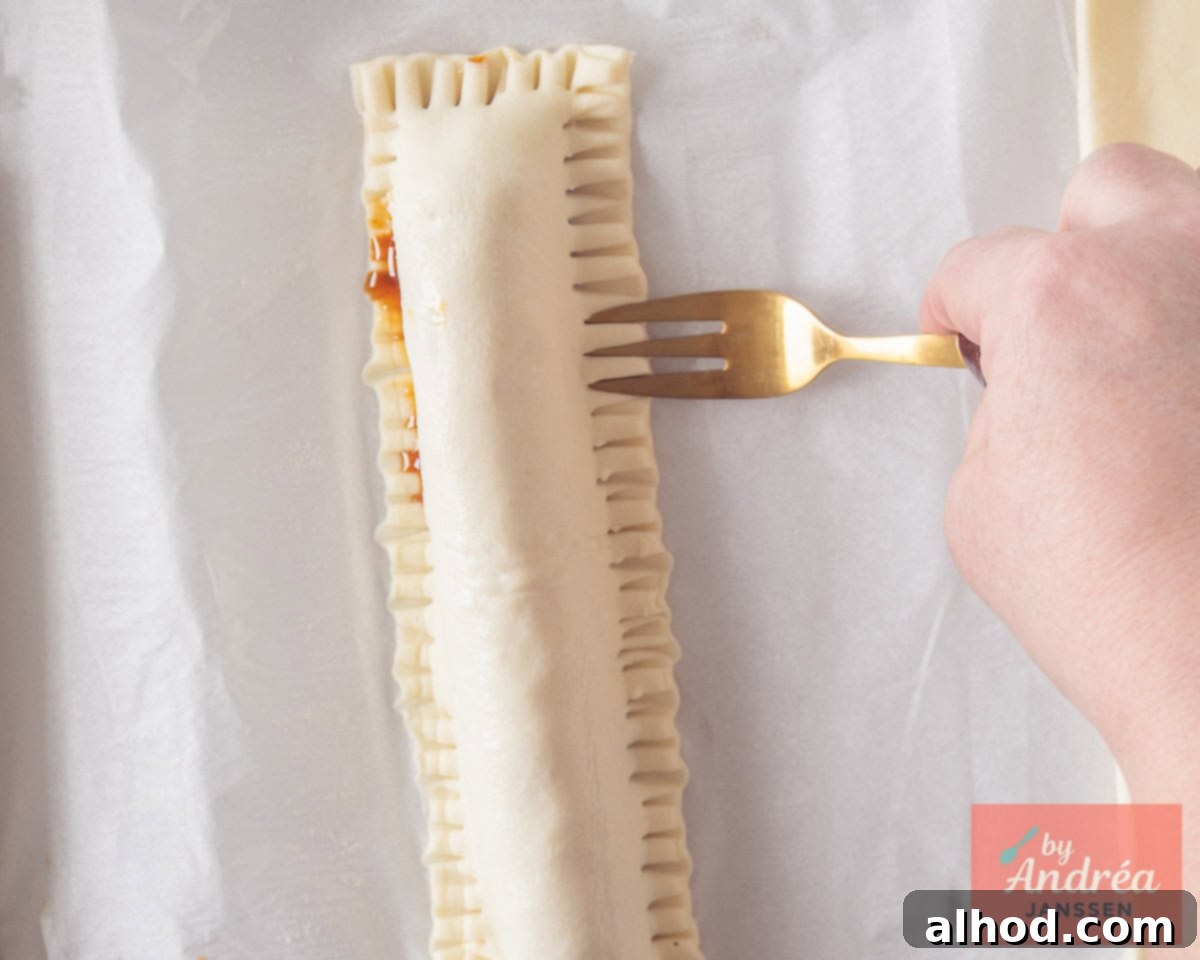 A frikandel roll with the puff pastry folded over, edges pressed closed with a fork, and diagonal scores on the top.
