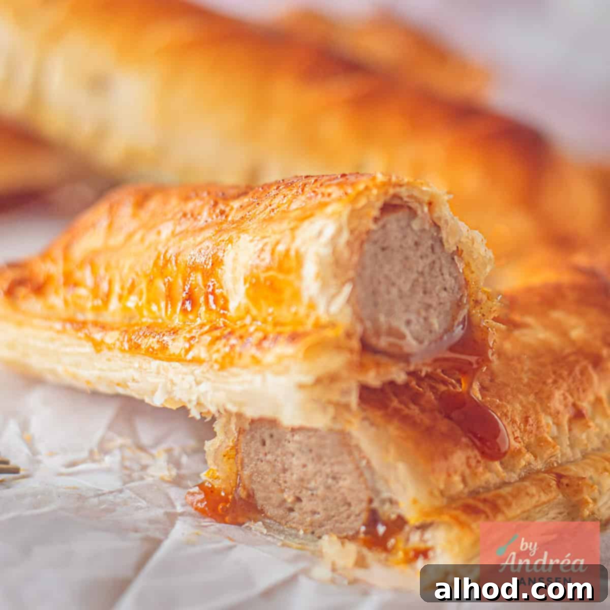 A square photo of a frikandelbroodje, cut in half to show the frikandel and curry sauce, on a dark plate, ready to be eaten.