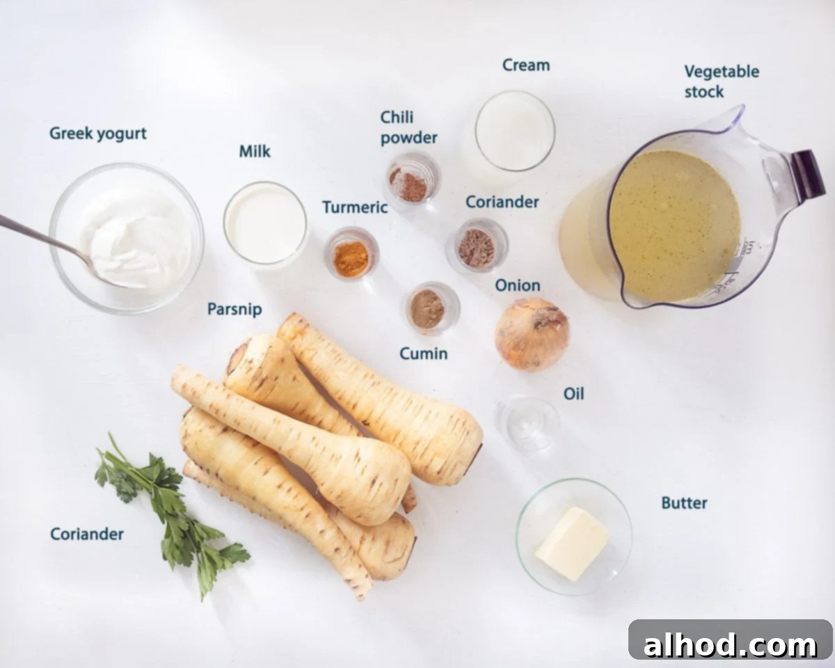Ingredients Parsnip Soup With Coriander And Cream on a white background with text description