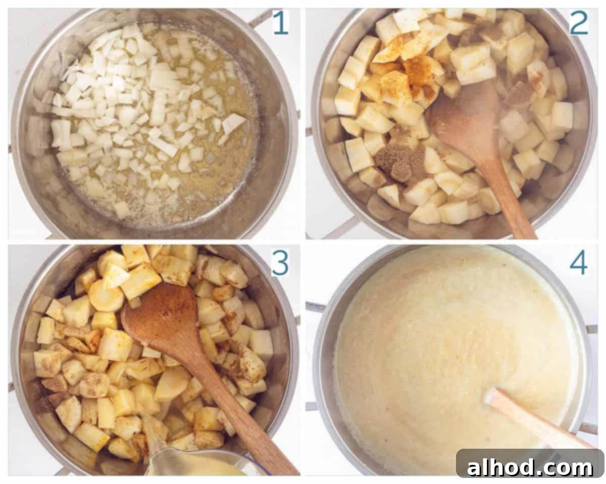 4 collage photo Creamy Parsnip Soup with Herbs and Yogurt