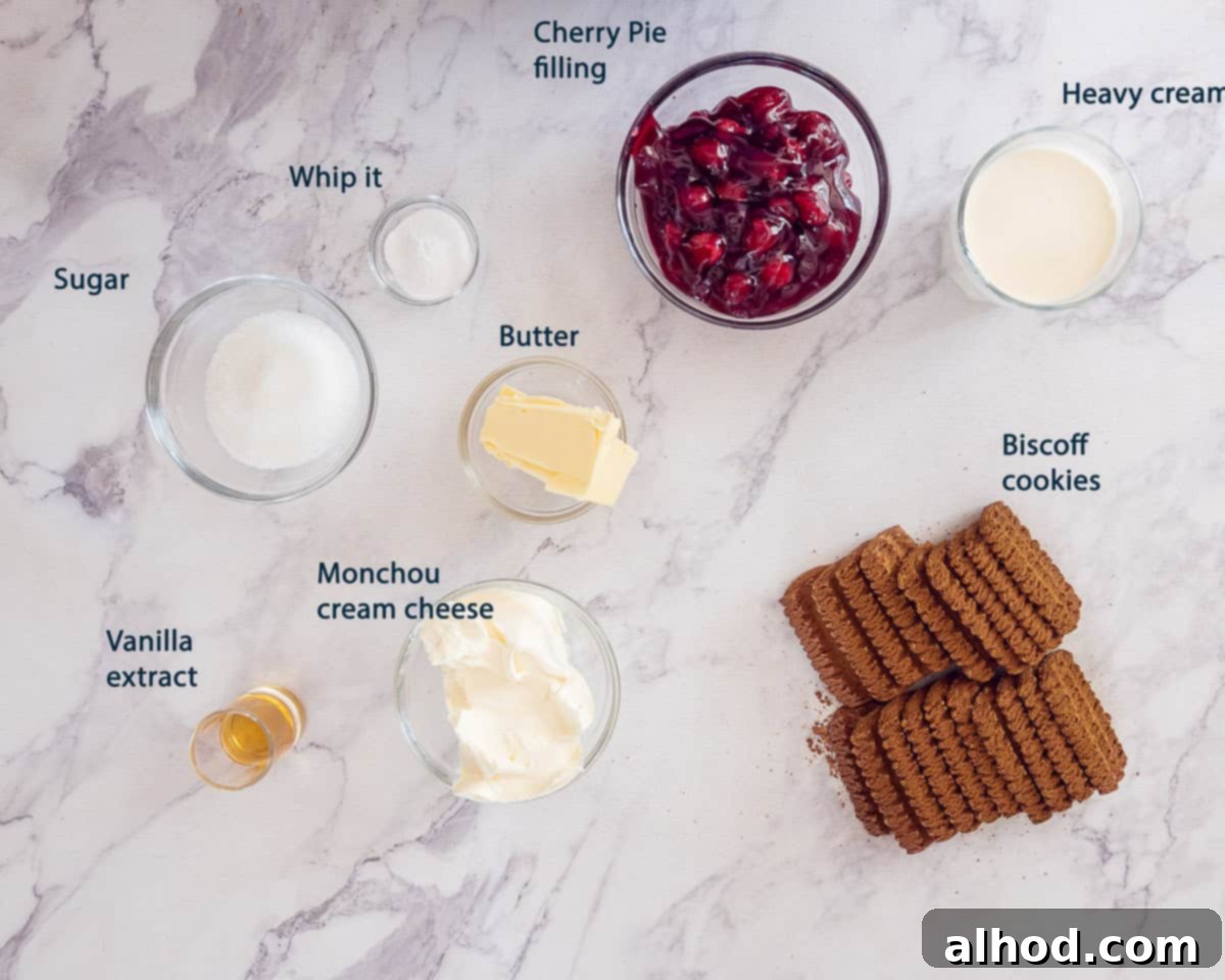A flat lay photograph showcasing all the ingredients required for Dutch Monchoutaart with Cherry Topping (No-Bake Cheesecake) arranged neatly on a white marbled surface, with descriptive text.