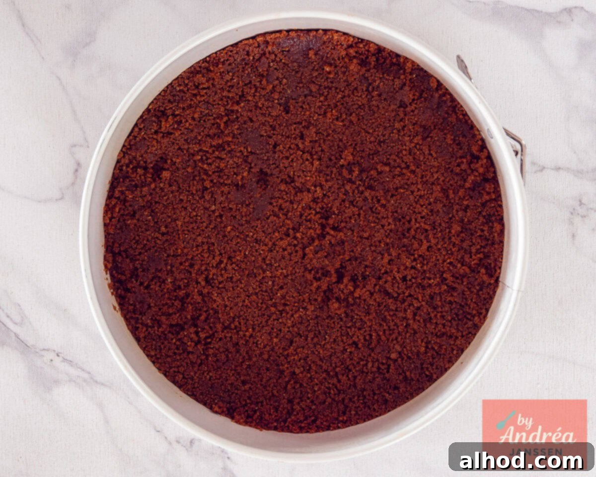 A 9-inch springform pan containing a firmly pressed Biscoff cookie crumb crust, ready for the next layer.
