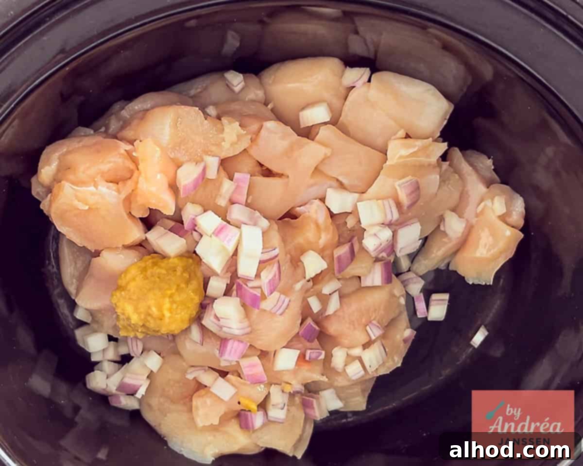 An open slow cooker pot with raw chicken chunks, sliced shallots, and pressed garlic cloves, ready for the next ingredients.