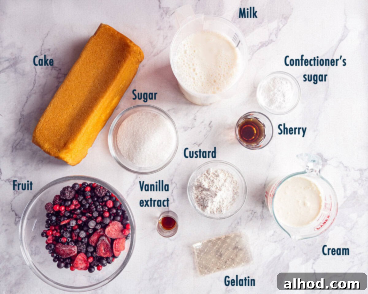 ingredients Sherry Trifle With Custard And Berries on a marbled white background with text description