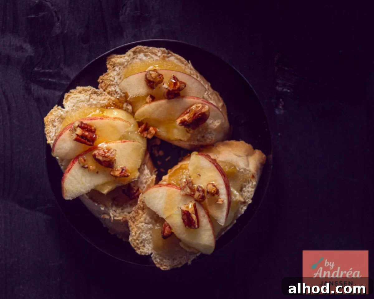baguette topped with apple, walnut, honey and Brie