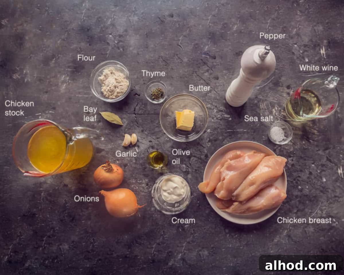 A photograph showcasing the essential ingredients for Chicken Fricassee with White Wine Cream arranged on a gray background. The image includes chicken, onions, garlic, thyme, butter, olive oil, flour, white wine, chicken stock, heavy cream, parsley, salt, and pepper.