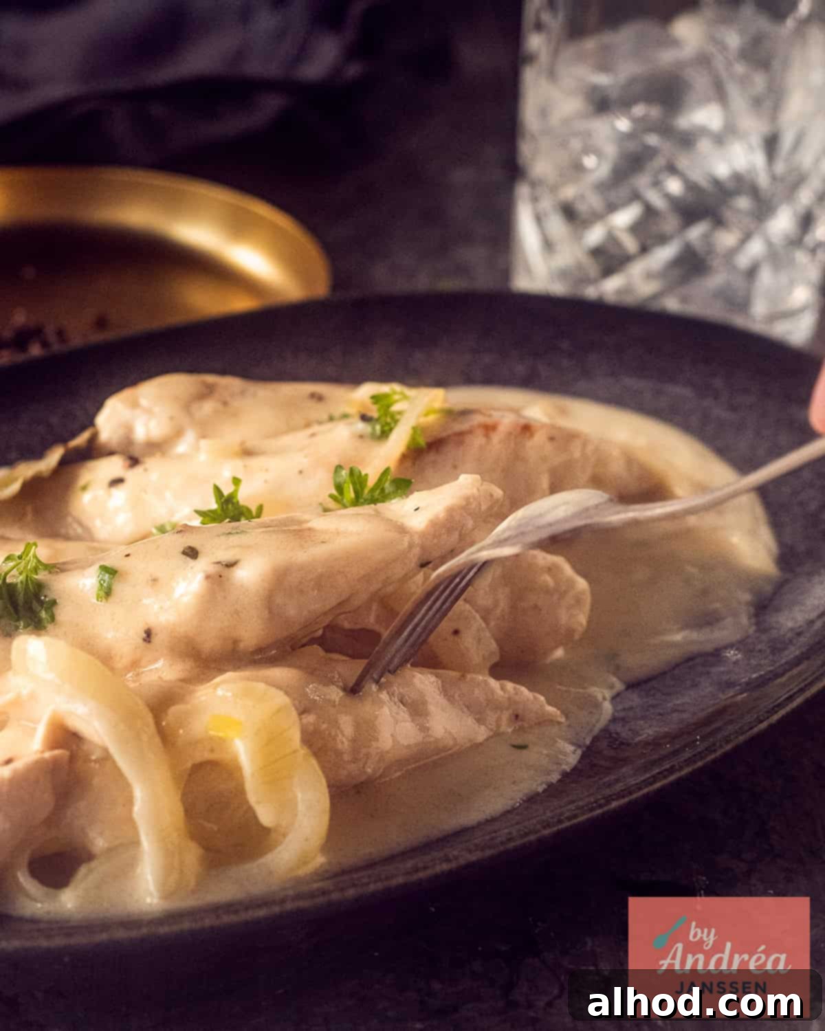 A beautifully plated dish of chicken fricassee fillet in a creamy, flavorful sauce, garnished with onions and fresh parsley.