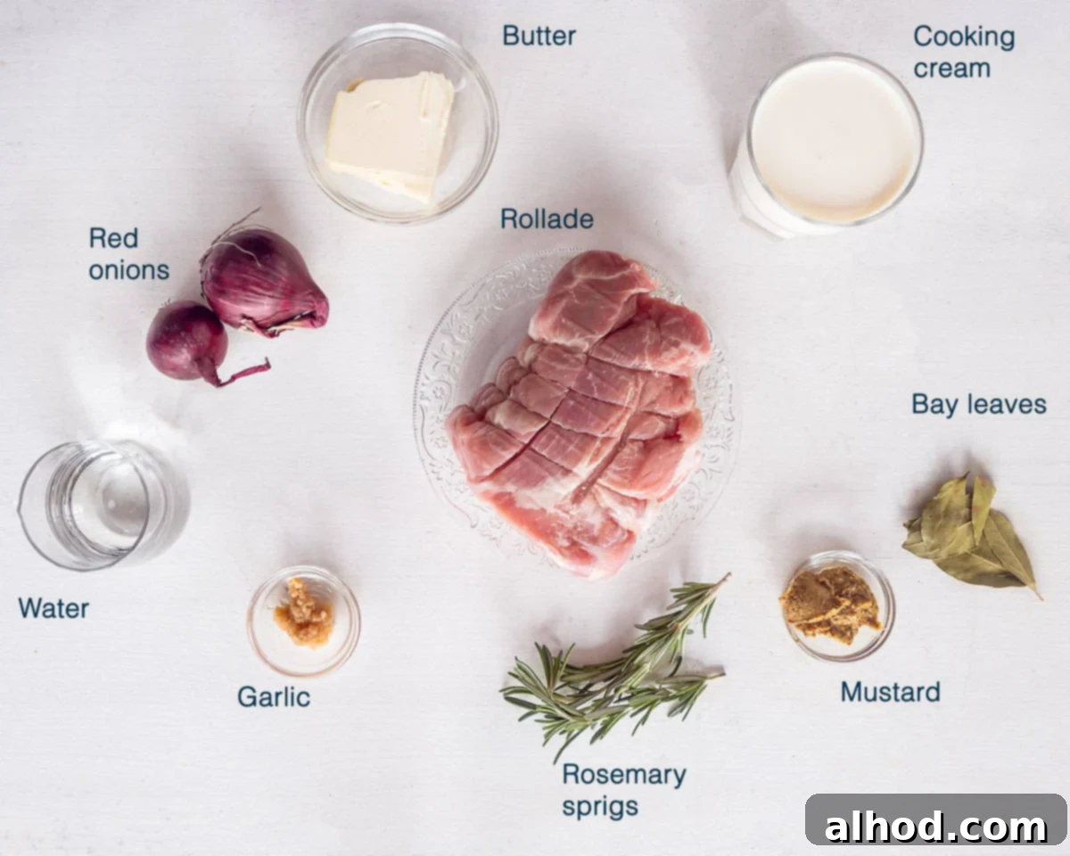 Ingredients Slow Cooker Pork Rollade on a white plate with text description