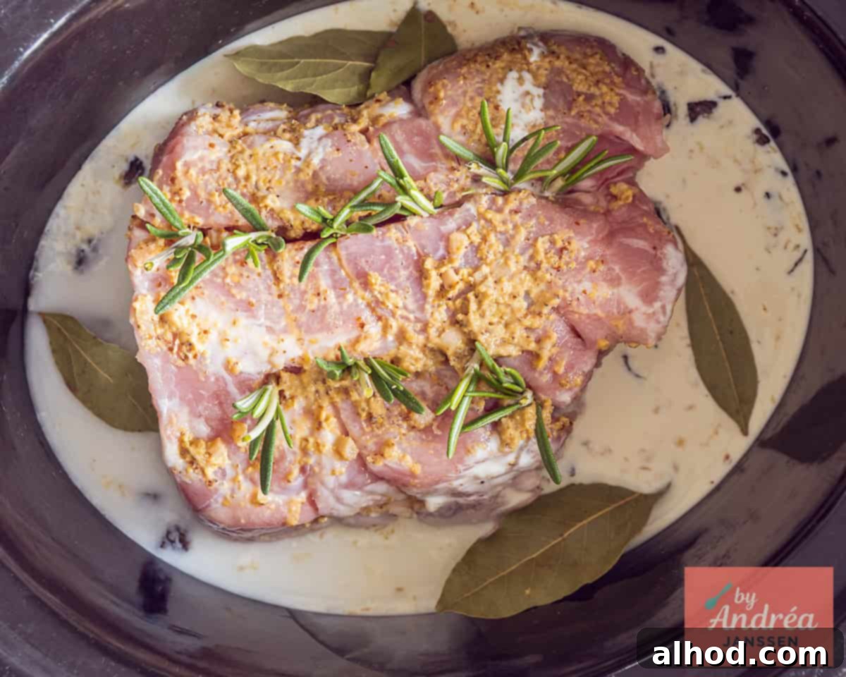 Rolled roulade with rosemary, mustard and garlic in a cream sauce with onion and seasonings in a slow cooker