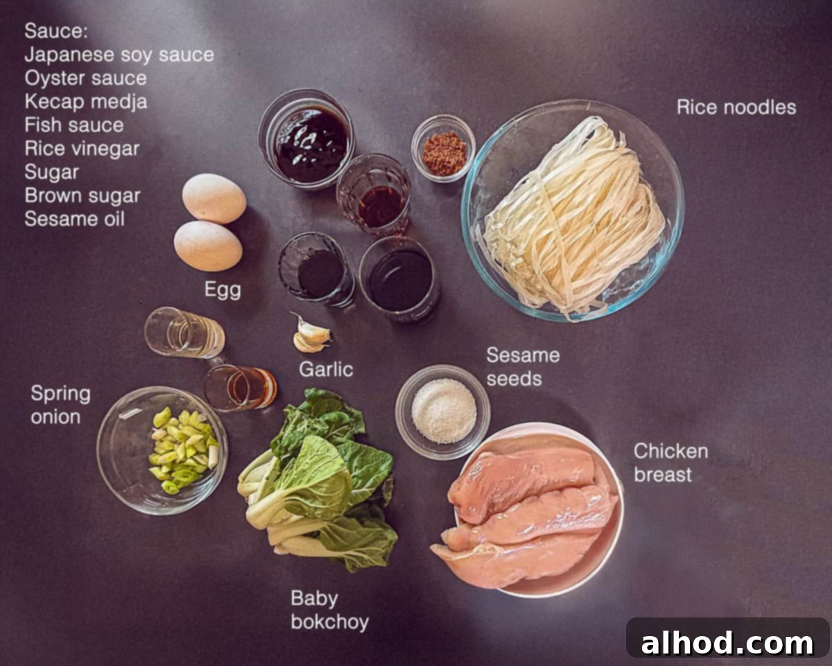Quick Chicken Pad See Ew: 20-Minute Thai Noodle Perfection 3 All the essential ingredients for making Chicken Pad See Ew, beautifully arranged on a dark background with descriptive text.