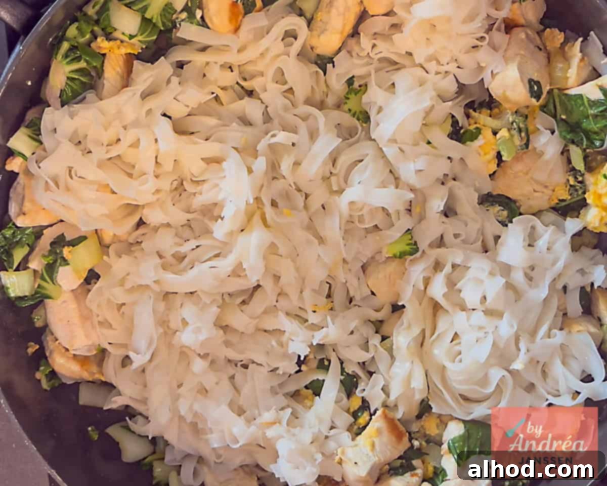 Quick Chicken Pad See Ew: 20-Minute Thai Noodle Perfection 7 Adding the rice noodles to the pan with chicken, bok choy and egg for Chicken Pad See Ew