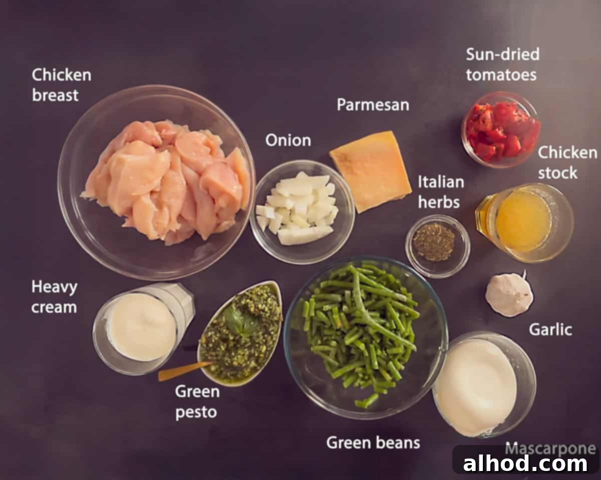 Slow Cooker Creamy Tuscan Pesto Chicken 3 Ingredients for slow cooker Tuscan chicken with pesto and cream arranged on a dark background with a text description.